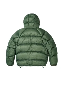 Rear angle of Palace Quantum Balaclava Puffa Jacket in green featuring stitched panels and wind-resistant shell.