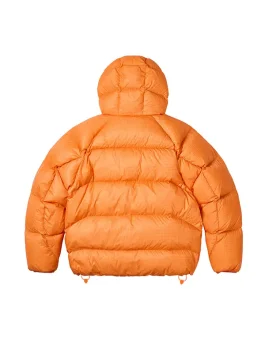 Back side of Palace Quantum Balaclava Puffa Jacket in orange featuring quilted puff panels and insulated Pertex shell.