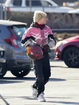 Barry Keoghan Crime 101 biker bike jacket in pink hybrid design, ideal for riders and movie fans.