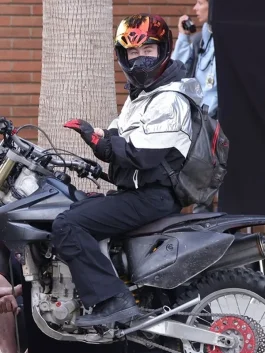 Crime 101 Barry Keoghan grey & black jacket styled with a high-shine parachute material for a bold appearance.