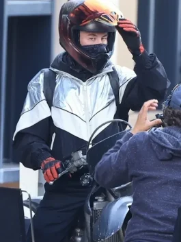 Barry Keoghan two-tone jacket from Crime 101 featuring a grey and black sporty streetwear vibe.