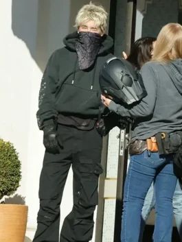 Barry Keoghan dressed in the black hoodie from Crime 101 movie featuring eyelet-detailed sleeves.