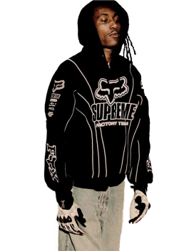 Black Supreme Fox Racing Zip Up Hooded Sweatshirt with Pant styled for urban streetwear look with white Fox Factory Team detailing and bold Supreme graphics.