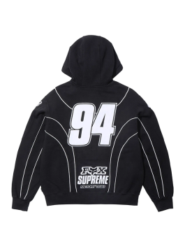 Back of black Supreme Fox Racing Zip Up Hooded Sweatshirt with Pant showing 94 number design and Fox Supreme Factory Team graphic.