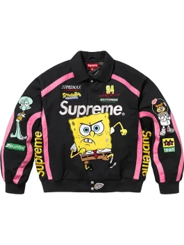 Flat lay of the front of the black and pink Supreme SpongeBob Jacket or Supreme Jeff Hamilton Jacket, featuring Spongebob running and racing details on the sleeves.