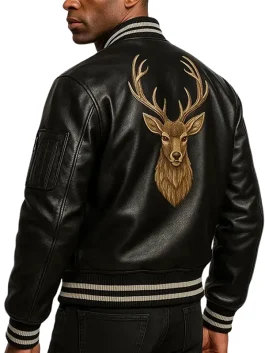 Black leather reindeer jacket featuring detailed deer embroidery on the back, festive holiday bomber jacket for men.