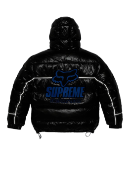 Black Supreme Fox Racing shiny down puffer jacket with blue logo and reflective design, insulated winter streetwear outerwear.
