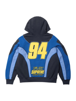 Back view of blue and black Supreme Fox Racing Zip Up Hooded Sweatshirt with Pant with large 94 print and Supreme Fox Factory Team branding.