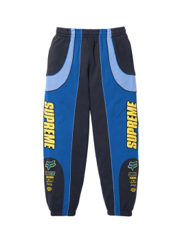 Blue Supreme Fox Racing Sweatpant featuring yellow Supreme and Fox graphics, designed to match the Supreme Fox Racing Zip Up Hooded Sweatshirt with Pant.