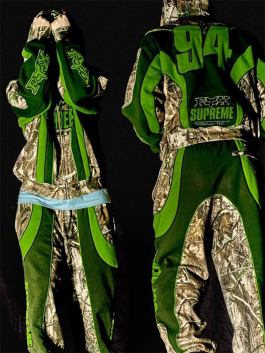 Back view of camo green Supreme Fox Racing Zip Up Hooded Sweatshirt with Pant set showing number 94 print and signature Fox Supreme Factory Team design.