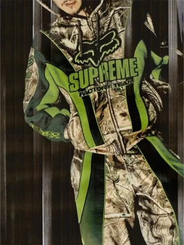 Camo and green Supreme Fox Racing Zip Up Hooded Sweatshirt with Pant set highlighting neon Supreme and Fox Racing Factory Team graphics for streetwear look.