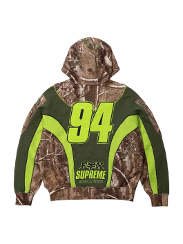 Rear view of camo green Supreme Fox Racing Zip Up Hooded Sweatshirt with Pant highlighting 94 graphic and Supreme Fox collab details.