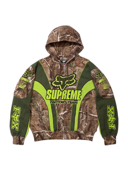 Camo and green Supreme Fox Racing Zip Up Hooded Sweatshirt with Pant showing Supreme Factory Team logo and neon Fox branding streetwear design.
