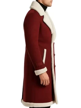 Classic Maroon Shearling Long Coat for Men Winter Outfit