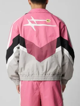 Crime 101 Barry Keoghan track jacket back side with white graphic design and hybrid biker look.
