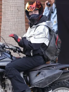 Barry Keoghan black and grey outerwear from Crime 101 showcasing a trendy two-tone parachute fabric design.