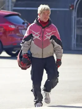 Crime 101 Barry Keoghan pink biker jacket featuring hybrid track style and sporty design from the Crime 101 movie.