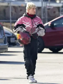 Crime 101 Barry Keoghan track jacket in pink color with black and grey biker-inspired panels.