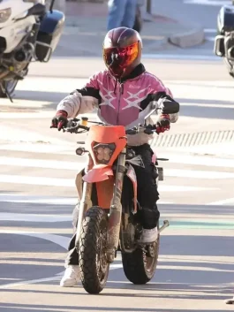 Crime 101 Barry pink hybrid track jacket blending biker fashion and track wear aesthetics.