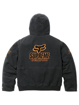 Back view of dark grey Supreme Fox Racing Denim Hooded Work Jacket showing bold Supreme Factory Team fox emblem.