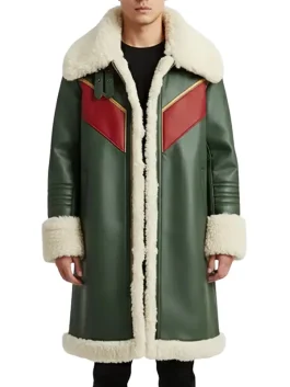 Elegant Green Shearling Winter Coat with Fur Collar