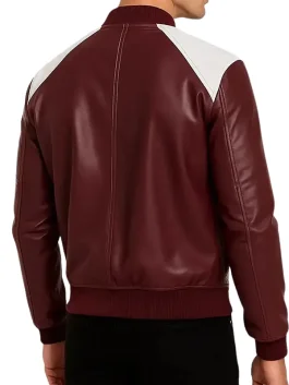 Elegant Maroon Leather Jacket with White Sleeves for Men