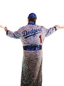 Back view of the Elton John Dodgers Sequin Robe, a sparkling silver glitter coat with blue Dodgers lettering and number 1, iconic Elton John glitter coat style.