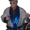 Front view of Elton John wearing the Dodgers Sequin Robe, a dazzling Elton John Dodgers sequin coat featuring silver sequins, blue accents, and signature sparkling coat design.