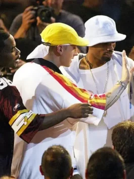 Eminem stage outfit white PnB Nation jacket for a clean and standout look.