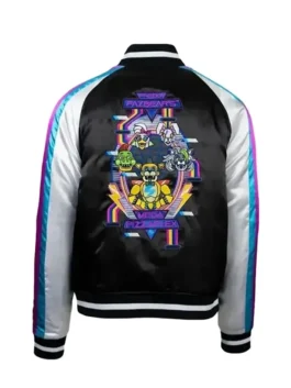 Back of five nights at freddy’s varsity jacket featuring the FNAF embroidered varsity jacket graphic for FNAF fan merch jacket.