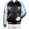 White mannequin displaying the front of the FNAF Varsity Jacket for men, a FNAF college style jacket with bright accent stripes.