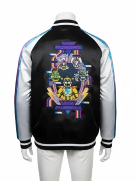 Back view of FNAF winter varsity jacket showcasing the Freddy Fazbear varsity jacket art with FNAF security breach jacket style.