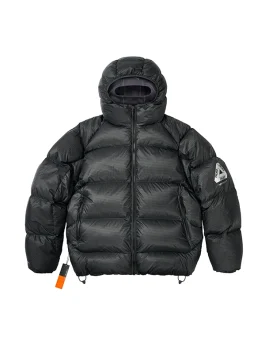 Palace Quantum Balaclava Puffa Jacket in black front side featuring hooded balaclava style and down-filled comfort.