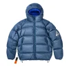Front look of Palace Quantum Balaclava Puffa Jacket in blue showing glossy nylon finish and adjustable hood design.