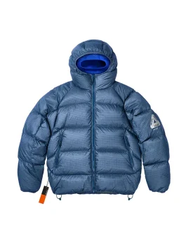 Front look of Palace Quantum Balaclava Puffa Jacket in blue showing glossy nylon finish and adjustable hood design.