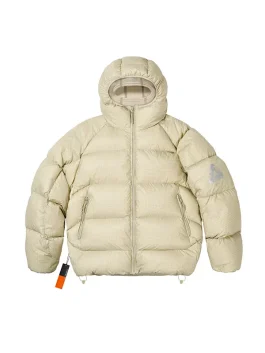 Front view of Palace Quantum Balaclava Puffa Jacket in cream color showcasing insulated puffer design and full zip closure.