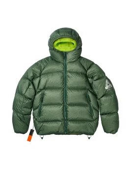 Palace Quantum Balaclava Puffa Jacket in green front view showing integrated balaclava hood and puffer silhouette.