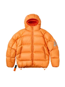 Front view of Palace Quantum Balaclava Puffa Jacket in orange highlighting hooded balaclava style and reflective logo detail.