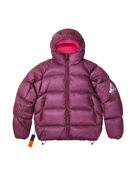 Palace Quantum Balaclava Puffa Jacket in purple front view highlighting reflective logo and cozy insulated build.