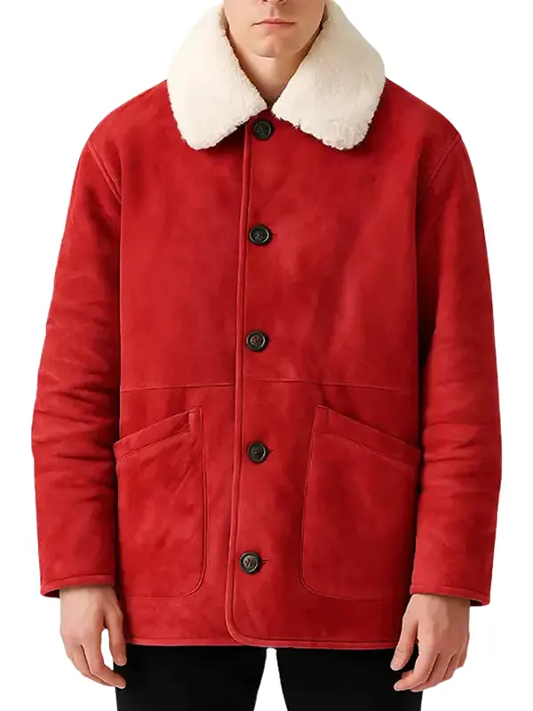 Front view of men’s red shearling Coat with white fur collar, premium winter outerwear for stylish warmth.