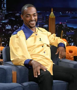 Anthony Mackie smiling in the stylish Gordon Gartrell shirt for sale, featuring navy blue details and a vintage-inspired design.