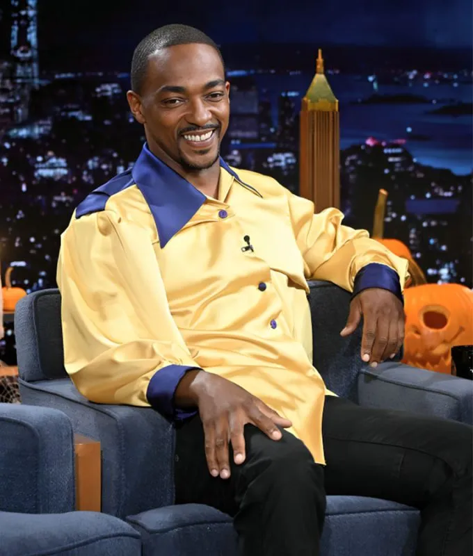 Anthony Mackie smiling in the stylish Gordon Gartrell shirt for sale, featuring navy blue details and a vintage-inspired design.