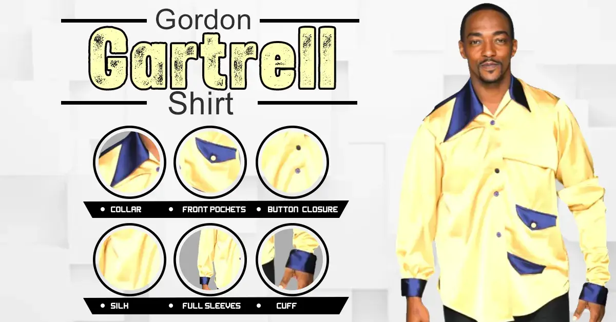 Anthony Mackie wearing the iconic yellow Gordon Gartrelle Shirt with blue collar and cuffs, showcasing the men's Gordon Gartrell shirt design inspired by the classic look from The Cosby Show.