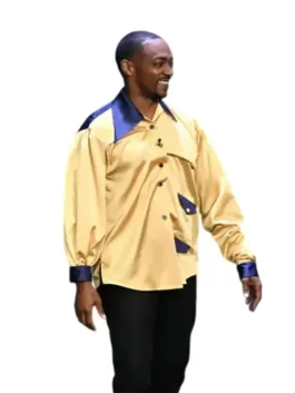 Full view of the Gordon Gartrelle shirt price edition, showcasing its bright yellow fabric and unique asymmetrical pocket style.