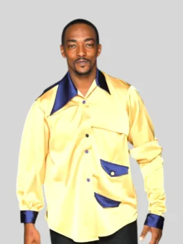 Anthony Mackie posing in the iconic Theo Gordon Gartrell shirt, a bold men’s Gordon Gartrell shirt design with blue collar and cuffs.