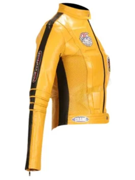 Kill Bill yellow motorcycle jacket side view with racing patches