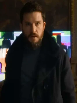 Kit Harington in The Family Plan 2 Black Coat, dramatic scene with a serious expression