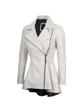 Elegant ladies peplum leather jacket in white color, designed with a stylish asymmetrical zipper and flared hem for women.