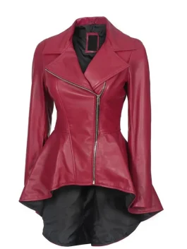 Elegant ladies pink peplum biker jacket made from premium leather with a stylish flared waist design.