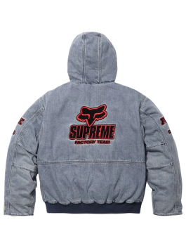 Light grey Supreme Fox Racing Denim Hooded Work Jacket back view featuring Supreme Factory Team fox logo embroidery.